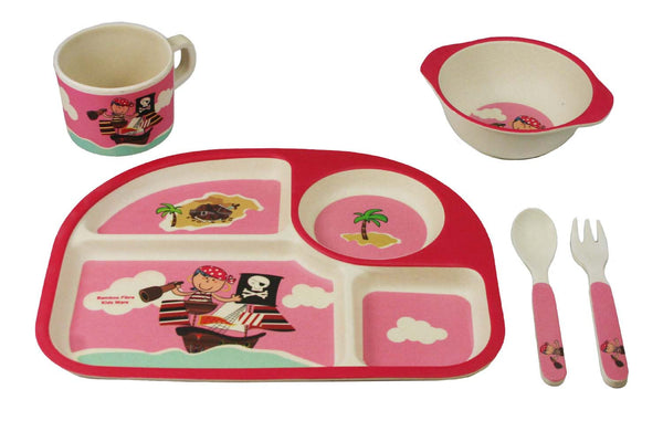 Bamboo Kids 5 Piece Pink Pirate Dinnerware set